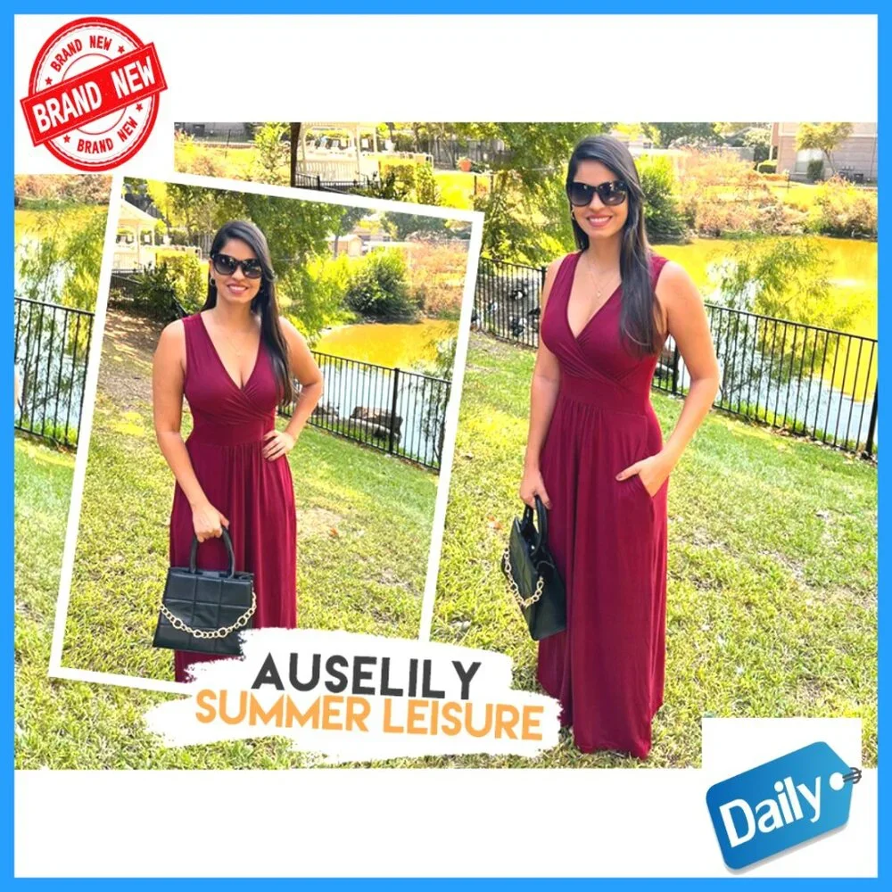 Sleeveless Maxi Dress with Pockets, V-Neck, Wrap Style, Loose Fit - Picture 4 of 7